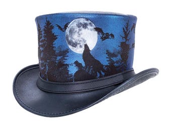 Howling Wolf Moon Black Leather Top Hat