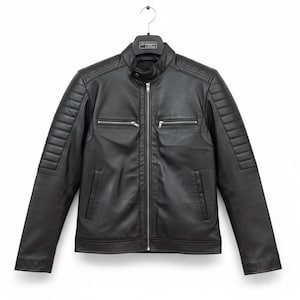 Schwarze Lederjacke für Herren - Motorradfahrer-Stil mit Reißverschlusstaschen, Geschenk zum Valentinstag
