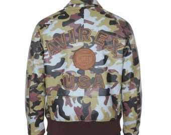 Chaqueta Avirex Camo Icon de edición limitada, abrigo bomber de piel auténtica de vaca suave para uso urbano.