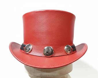 Red Leather Top Hat: Handmade Western Concho Band