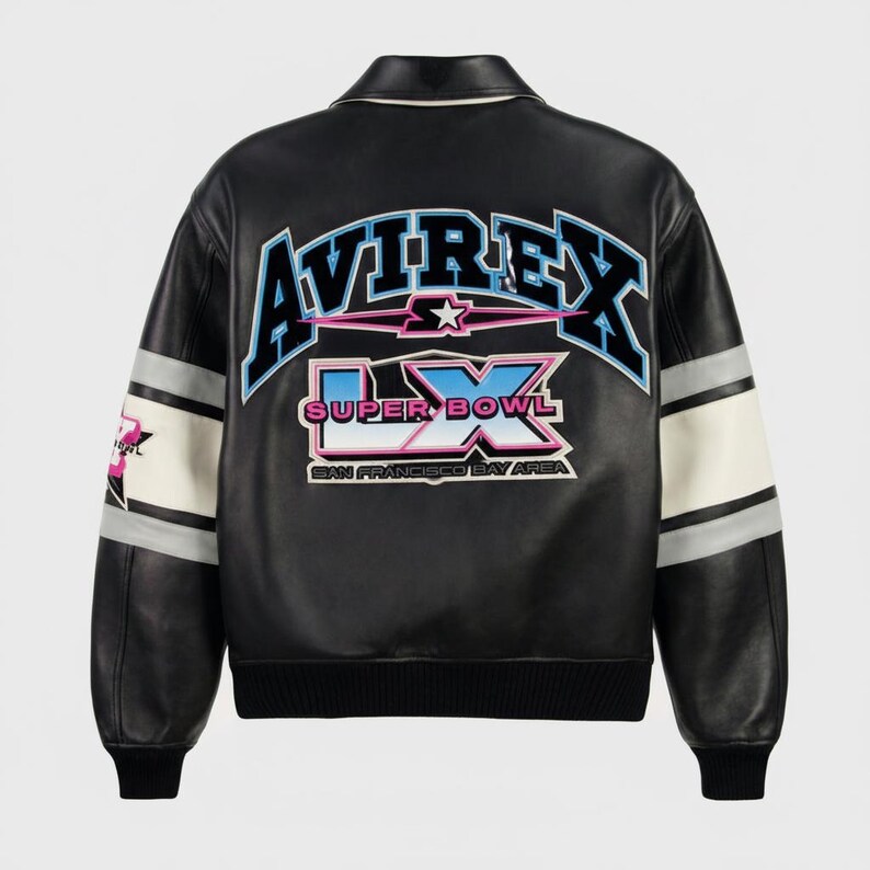Chaqueta universitaria de cuero negro Avirex: chaqueta bomber bordada para el Super Bowl IX imagen 2