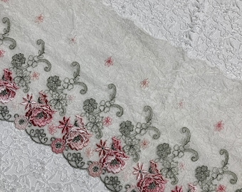 NEW!!! Wide Pretty Scalloped Embroidered Pink And Green Rose Lace Trim, Sewing, Journaling, Collages, Scrapbooking