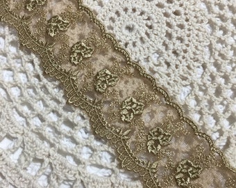 BACK!!! Matt Vintage Gold Embroidered Floral Scalloped Lace Trim, Sewing, Collages, Journaling, Scrapbooking