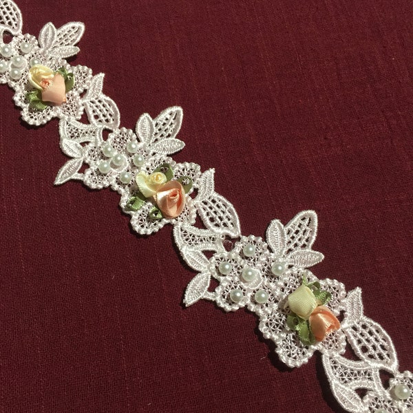 BACK!!! Light Pink Venice Lace Appliqué Trim With Flowers and Pearls ( Set of 2 ), Embellishments, Sewing, Journaling, Scrapbooking
