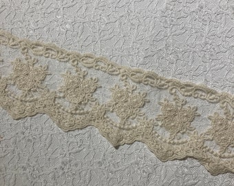 NEW!!! Pretty Ivory Scalloped  Heavily Embroidered Trim, Sewing, Journaling and Crafting