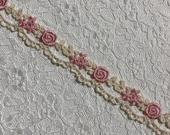 BACK!!!  Pink And Ivory Embroidered Petite Floral Narrow Trim, Sewing, Page Edging, Journaling, Scrapbooking