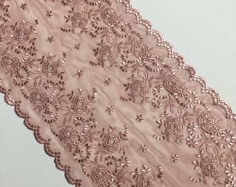 BACK!!! Wide Antique Pink Embroidered Stretch Double Scalloped Lace Trim, Sewing, Journaling, Scrapbooking, Collages, Snippets