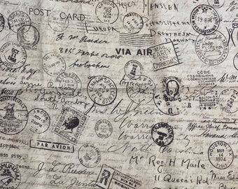 May include: A vintage-style fabric with a beige background featuring a pattern of black and brown postage stamps, handwritten text, and markings. The stamps are from various locations and dates, including Minneapolis, Minnesota, 1919, Camden, Maine, 1898, and Dronthiem, Norway. The text includes names, addresses, and dates, creating a nostalgic and historical feel.