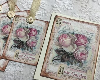 Rose Garden Stationery Set, ( 4 Note Cards and 6 Gift Tags ) Stationery, Journaling Tags, Postcards, Journaling, Scrapbooking