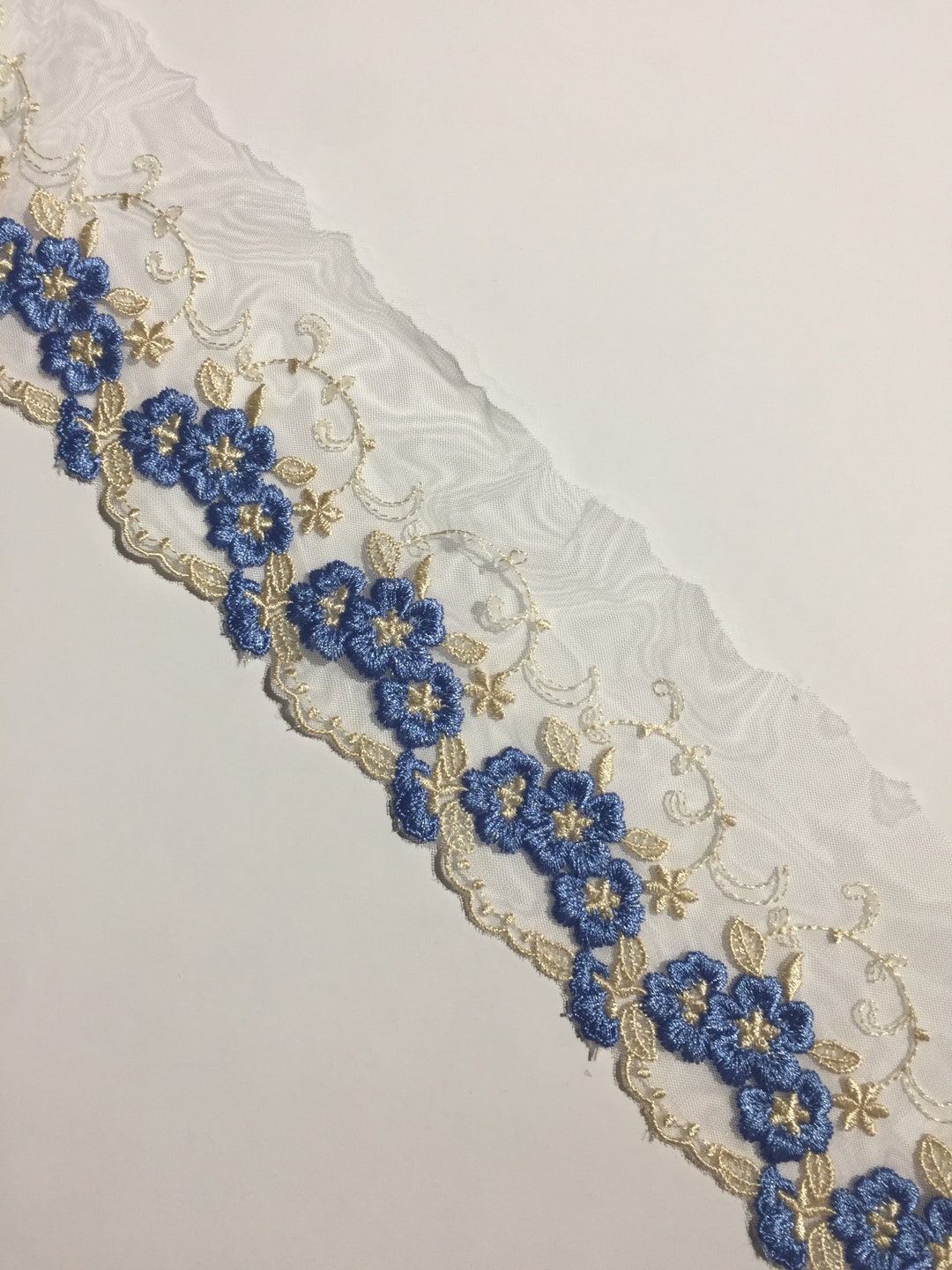 BACK Heavily Embroidered Pretty Blue Flower Netted Trim, Sewing ...