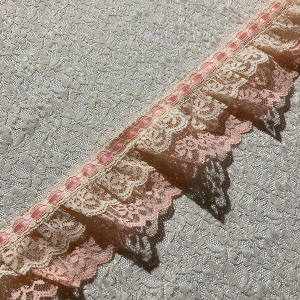 NEW!!! Beautiful Double Ruffle Peach And Ivory Lace Trim, Sewing, Collages, Scrapbooking, Journaling
