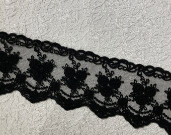 NEW!!! Pretty Black  Scalloped  Heavily Embroidered Trim, Sewing, Journaling and Crafting