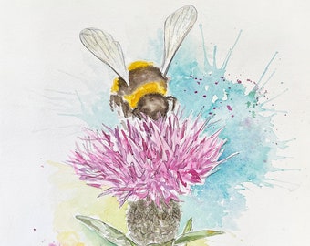 Spring Buzz 2 -  Original Watercolor and Ink - Bumblebee painting 11x14 - Bee Art with mat