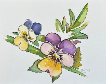 Pansy Blossom Watercolor Painting -  Original Watercolor and Ink - Floral Painting matted 8x10