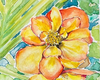 Tropical Flower Watercolor Painting -  Original Watercolor and Ink - Floral Painting Matted 8x10