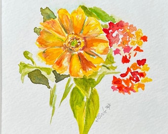 Marigold and Lantana Watercolor Painting -  Original Watercolor and Ink - Marigold matted and framed 8x8