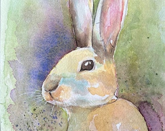 Bunny Watercolor Painting -  Original Watercolor and Ink - Bunny painting matted 8x10