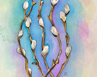 Pussy Willow at Dusk Watercolor Painting -  Original Watercolor and Ink - Pussy Willow matted 8x10