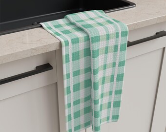 Rustic Teal Green Plaid Pattern Kitchen Towel | Microfiber Tea Towel