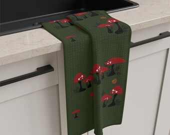 Whimsical Mushrooms in a Mossy Green Forest  | Microfiber Tea Towel