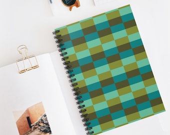 Teal Olive Checkered Pattern Spiral Notebook | Ruled Journal