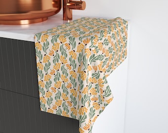 Yellow Floral Pattern Hand Towel | Coneflower Motif, Yellow flowers and Green Leaves