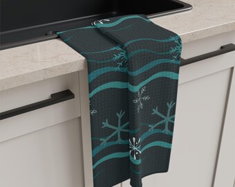 Teal Snowflakes Pattern in a Moody Dark Sky  | Microfiber Tea Towel