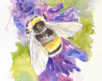 Spring Buzz -  Original Watercolor and Ink - Bumblebee painting 11x14