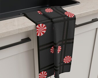 Peppermint Candy on Black and Charcoal Plaid Microfiber Tea Towel | Holiday Kitchen Decor