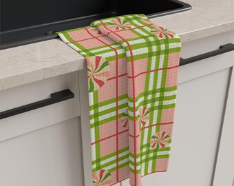 Holiday Pink Green Plaid with Peppermints | Microfiber Tea Towel