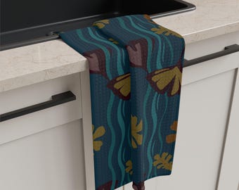Falling Leaf Pattern | Teal, Gold and Maroon - Microfiber Tea Towel