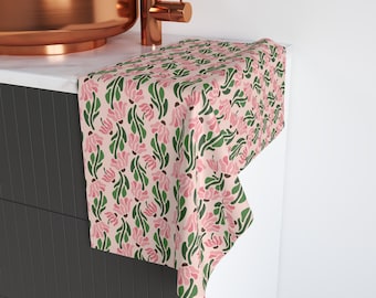 Pink Floral Pattern Hand Towel | Coneflower Motif, Green Leaves