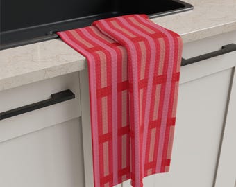 Mid-Century Modern Holiday Colors Striped | Micro Fiber Tea Towel | Retro Red & Pink Geometric Print