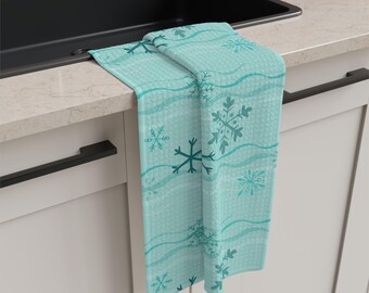 Aqua Winter Blowing Snowflakes | Microfiber Tea Towel