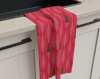 Mid-Century Geometric Christmas Trees Microfiber Tea Towel | Retro Holiday Pattern