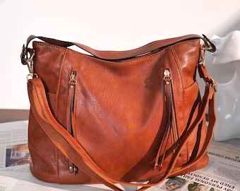 Women's Brown PU Leather Shoulder Bag, Portable Tote, Large Work Bag, Casual Crossbody Bag, Everyday Bag, Gift for Women