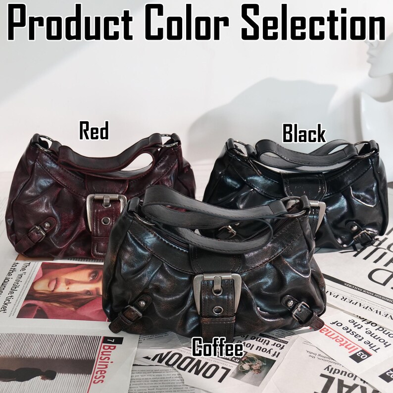 May include: An image showcasing three leather handbags in red, black, and coffee colors. Each bag features a top handle, a silver buckle, and decorative stitching. The text "Product Color Selection" is at the top.