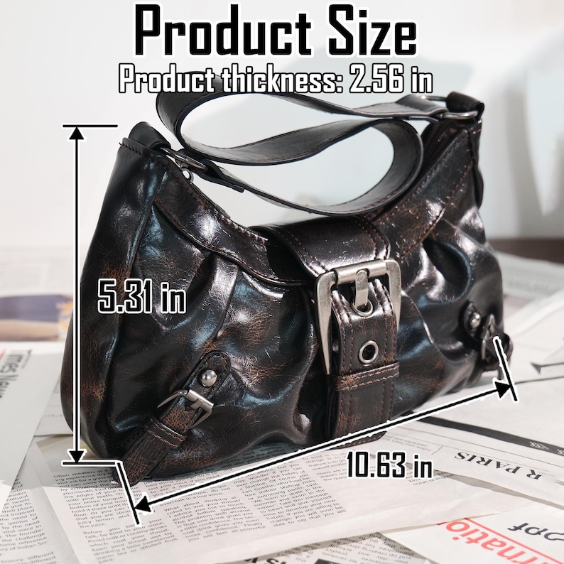 May include: A brown handbag with a shiny finish, featuring a buckle closure and a shoulder strap. The bag measures 10.63 inches wide, 5.31 inches high, and 2.56 inches thick. The text "Product Size" is visible.