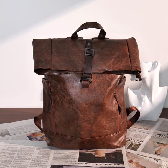backpack brown faux leather flap top wide straps Brown Faux Leather Roll-top Backpack, Zippered Leather Backpack, Large  Capacity Backpack, Gift for Men, Christmas, Anniversary