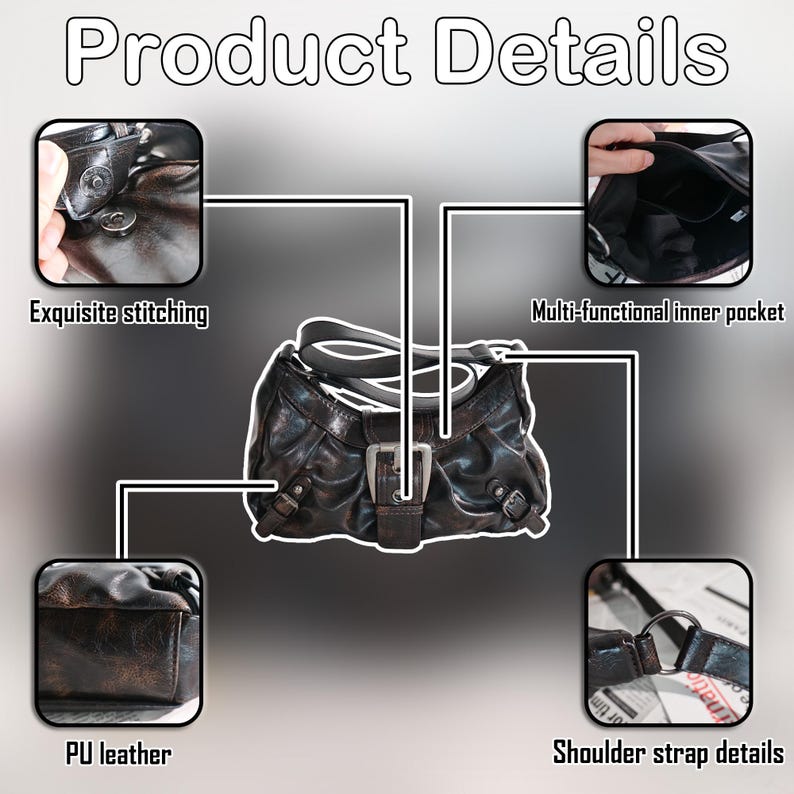 May include: A black PU leather handbag with a buckle closure and shoulder strap. The image highlights the exquisite stitching, multi-functional inner pocket, and shoulder strap details. The text "Product Details" is at the top.