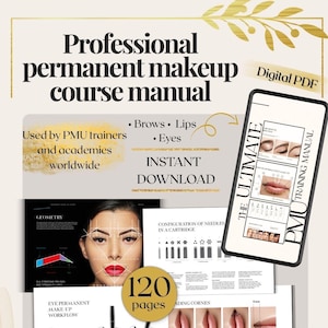 Könnte beinhalten: Ein digitales PDF-Kursmanual für professionelles Permanent Make-up. Das Manual behandelt Augenbrauen, Lippen und Augen und wird von PMU-Trainern und Akademien weltweit verwendet. Das Manual hat 120 Seiten und enthält Diagramme und Workflows.