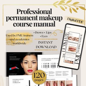 Puede incluir: Manual de curso en PDF digital para maquillaje permanente profesional. El manual cubre cejas, labios y ojos, y es utilizado por formadores y academias de PMU de todo el mundo. El manual tiene 120 páginas e incluye diagramas y flujos de trabajo.