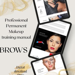 Op de afbeelding: Een digitale PDF-handleiding voor professionele permanente make-up training. De omslag toont de tekst "Professional Permanent Makeup training manual BROWS" met afbeeldingen van procedures op tablets. De handleiding bevat diagrammen en anatomische referenties.