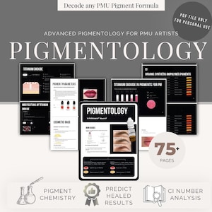 Peut inclure: Un guide pédagogique numérique intitulé Pigmentology pour les artistes PMU, comprenant plus de 75 pages sur la chimie des pigments, l'analyse des numéros CI et les prédictions de résultats cicatrisés, avec des graphiques et textes.