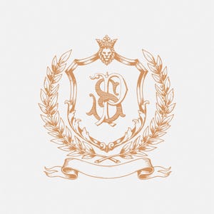 May include: A detailed crest design in a warm, sepia tone. The crest features a shield with intertwined initials, a lion's head, and a crown. Laurel branches and a banner complete the design, suitable for branding or formal announcements.
