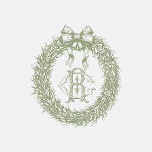 May include: A sage green wreath design with a decorative bow at the top and a monogram in the center. The wreath is composed of leaves and small berries, creating a festive and elegant look. The monogram features the letters "R" and "C".