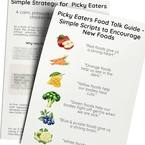 Puede incluir: Dos tarjetas blancas con texto e ilustraciones. Una tarjeta dice "Estrategia simple para comedores exigentes". La otra tarjeta se titula "Guía de conversación sobre alimentos para comedores exigentes - Guiones simples para fomentar nuevos alimentos".