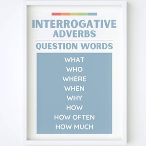 Puede incluir: Un cartel enmarcado con las palabras "INTERROGATIVE ADVERBS QUESTION WORDS" en azul claro. Debajo, una lista de palabras interrogativas: WHAT, WHO, WHERE, WHEN, WHY, HOW, HOW OFTEN, HOW MUCH. El marco es blanco y el fondo es blanco.