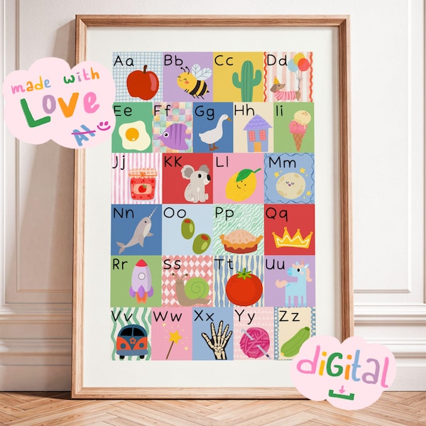 Colorful Alphabet Poster For Kids Room, ABC Wall Art, Educational Nursery Print, Printable Playroom Decor, Handdrawn style Poster (digital)