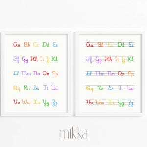 May include: Two framed prints displaying the alphabet in uppercase and lowercase, each letter in a different color of the rainbow. The letters are in a handwritten style. The word "mikka" is at the bottom.